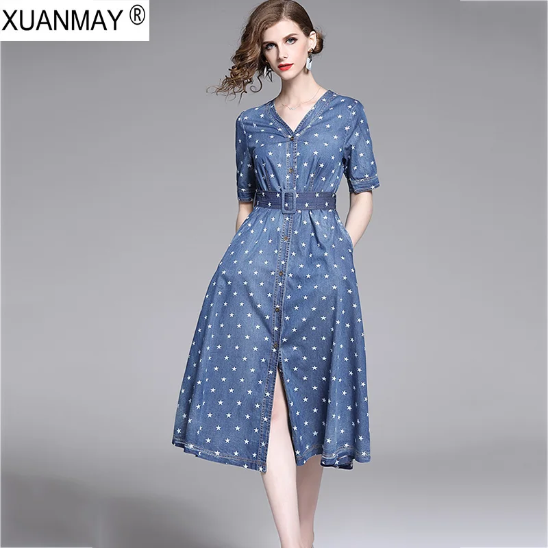 Autumn 2019 Vintage Women's Denim Dress Long Style Blue Denim Shirt Dress Elegant Star Pattern Cardigan Dress Female
Autumn 2019 Vintage Women's Denim Dress Long Style Blue Denim Shirt Dress Elegant Star Pattern Cardigan Dress Female