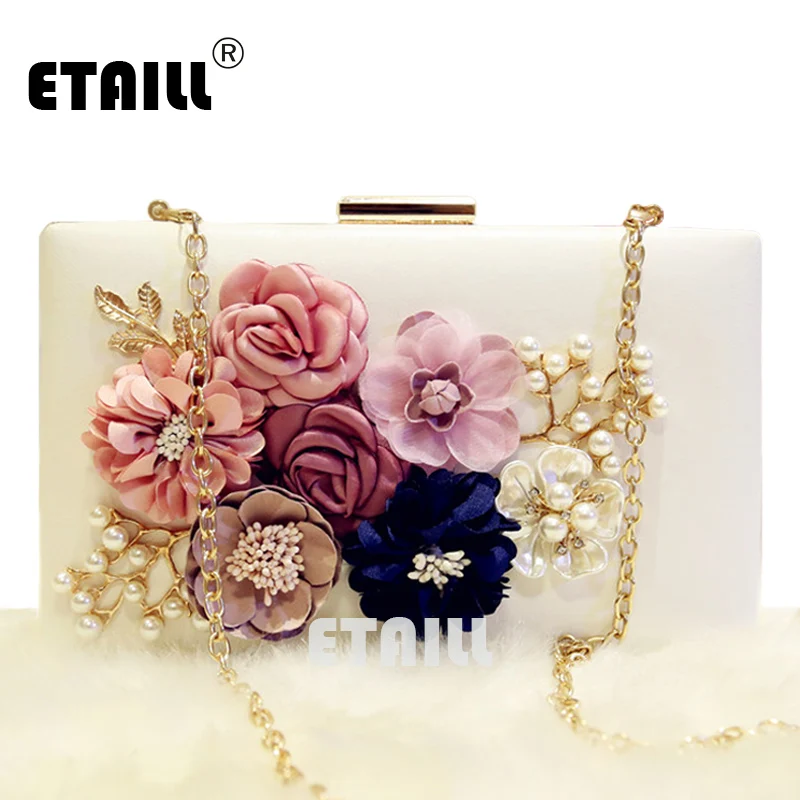 ETAILL Appliques Flower Banquet Bag Ladies Party Clutch Brand Design Gold Chain Beaded Evening Wedding Bridal Pearl Handbag | Багаж и