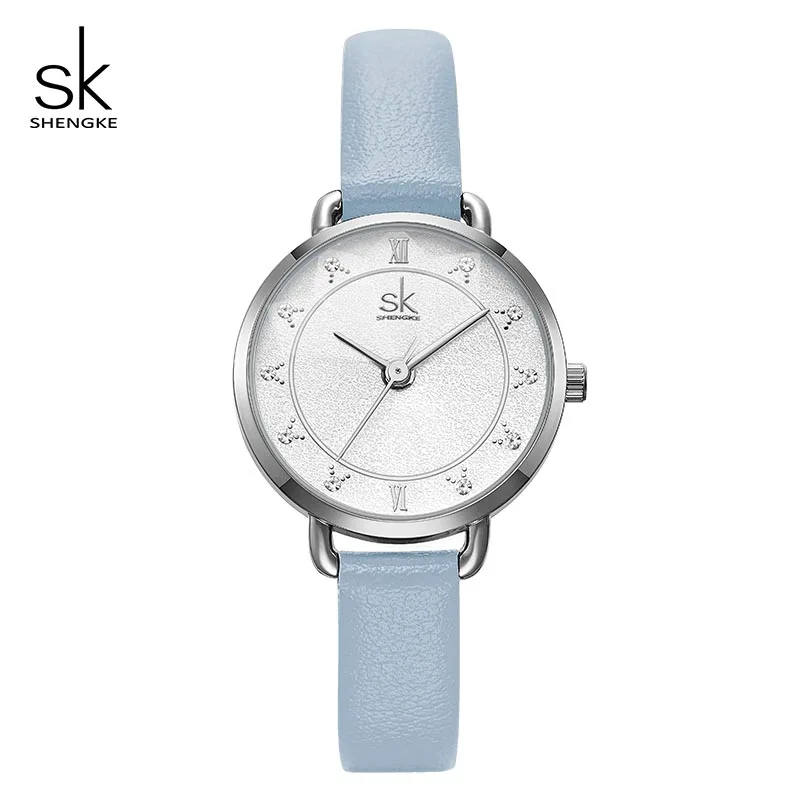 Shengke креативные женские кожаные Наручные часы с блестящим циферблатом кварцевые