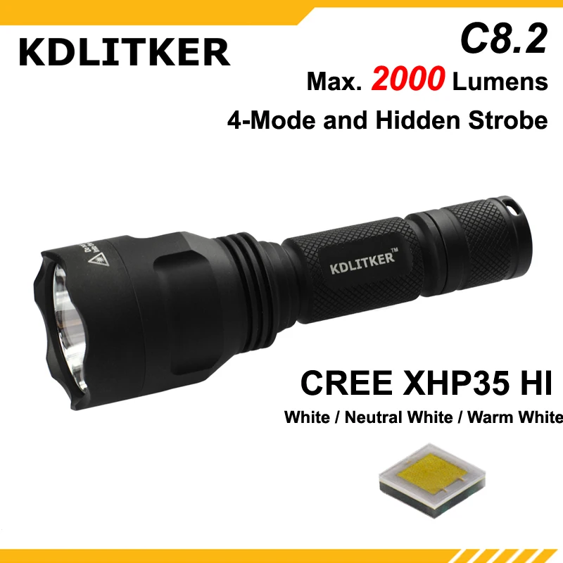 

KDLITKER C8.2 C8 Cree XHP35 HI White / Neutral White / Warm White 2000 Lumens 5-Mode LED Flashlight - Black ( 1x18650 )