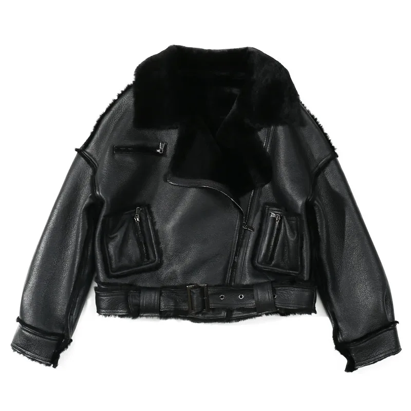 

Women's Jacket Leather Sheepskin Black Moto&Biker Zip Fly Collar Lapel Neckline Winter Thick Women's Short Jacket