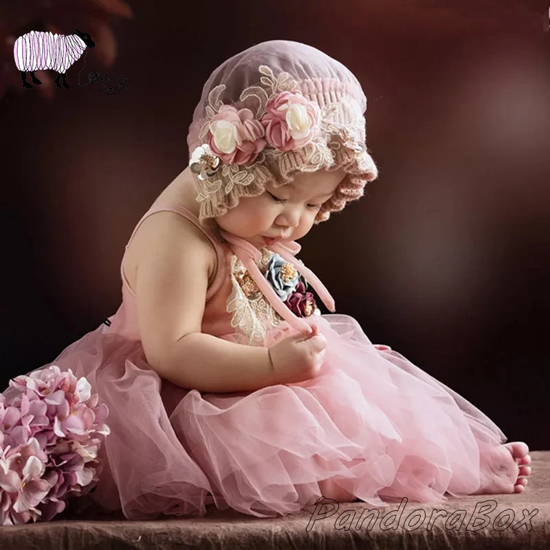 

Baby Girl Photography Lace Hat+Dress Sets Props Infant 1st Birthday Picture Photo Shoot Pink Dresses Clothes bebe foto Prop