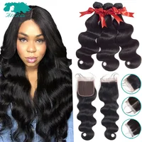 ALLRUN Peruvian Body Wave 3 Bundles Peruvian Hair Bundles With Closure Double Weft Remy Human Hair Bundles With Lace Closure image