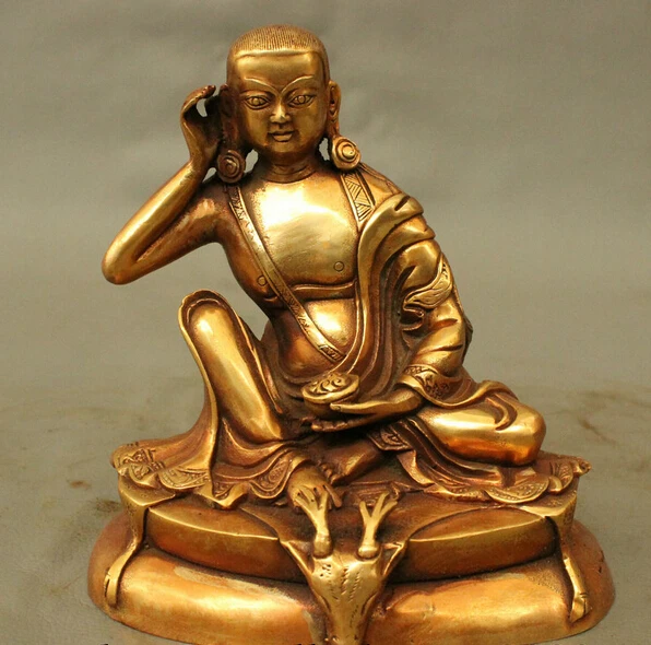 

wholesale factory Collect Tibet Bronze Gilt Buddhism Arhat Milarepa Buddha Ride Deer Seat Statue