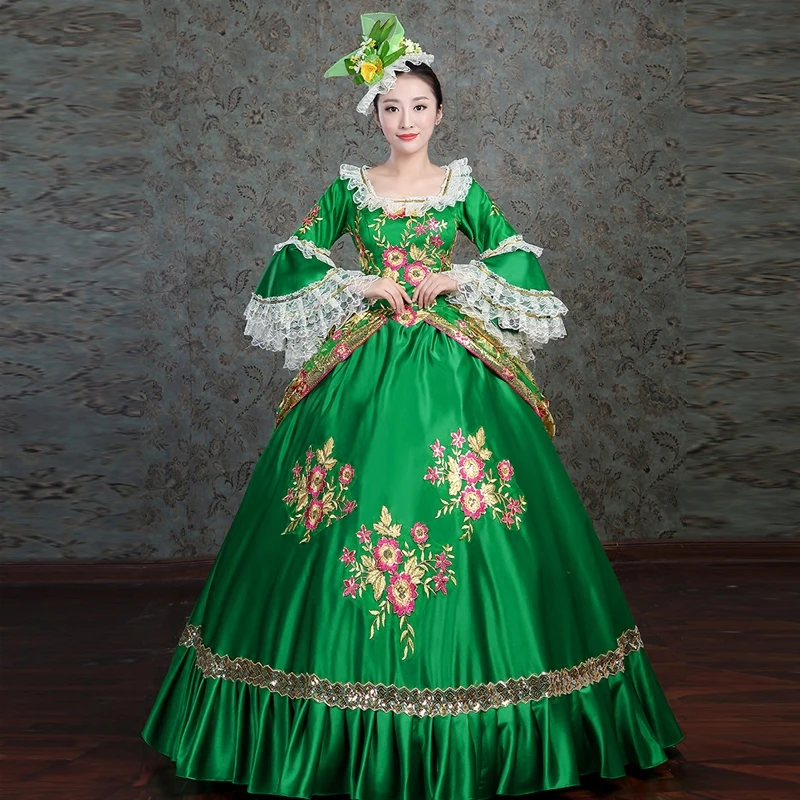 Women European Court Princess Dresses Female Green Lace Flare Long Sleeves Square Collarr Flowers Appliquc Halloween Costumes
Women European Court Princess Dresses Female Green Lace Flare Long Sleeves Square Collarr Flowers Appliquc Halloween Costumes