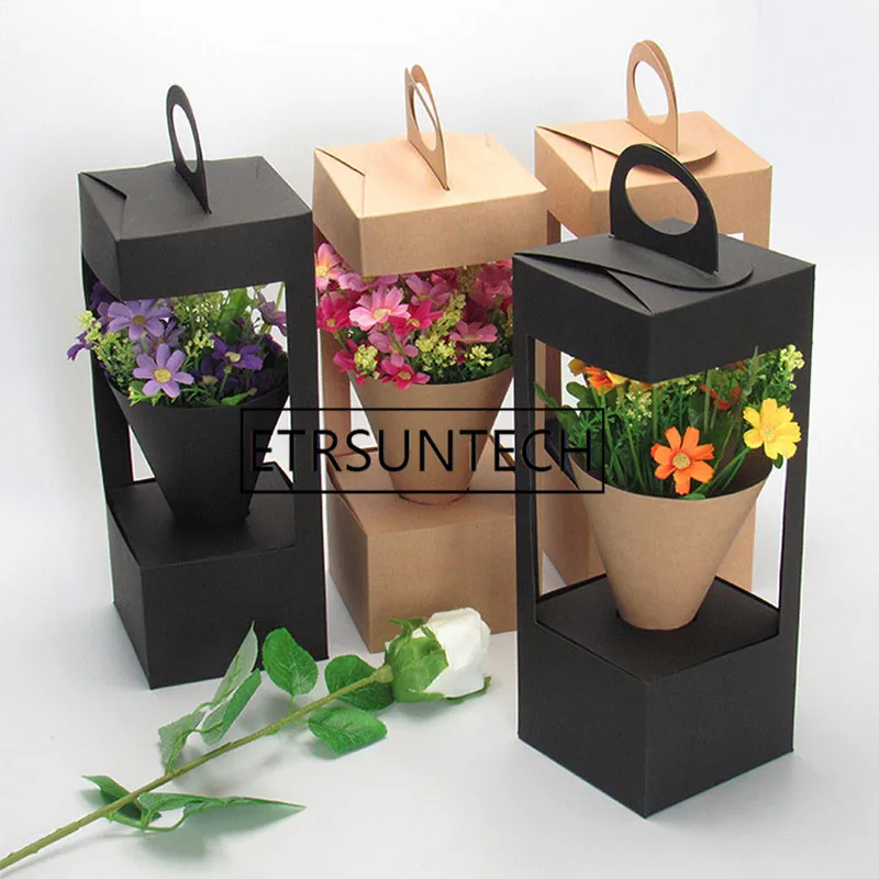 

50pcs Flowers Packaging Gift Boxes Floral Gift Bag lighthouse design Creative folding floral Packing Box Black/Brown