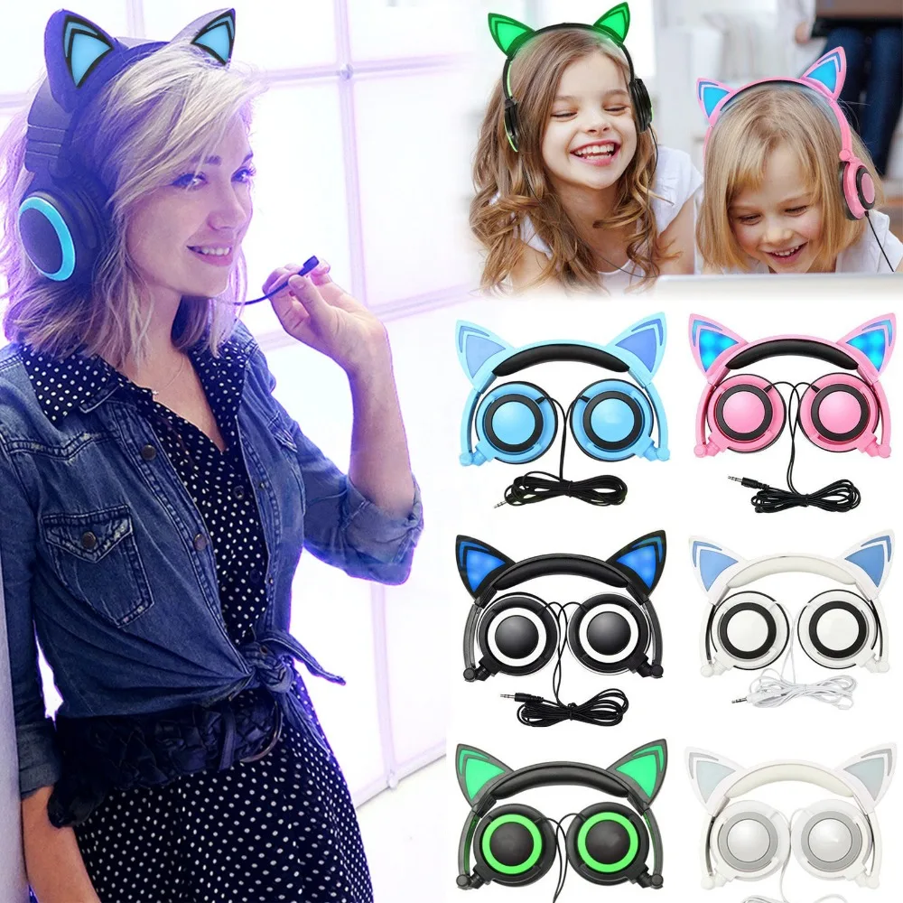 Image Amazing Cat Ear Headphones with LED Light Foldable Glowing Cosplay Fancy Cat ear Headset Luminous Gaming Earphone for PC Laptops