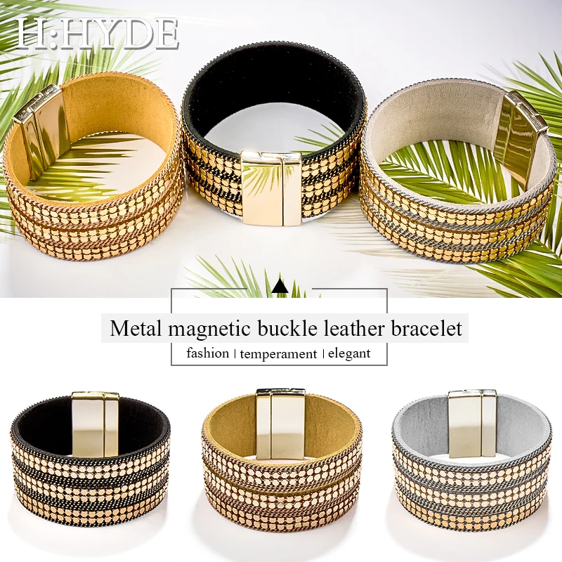 H:HYDE Trendy Women Men Leather Bracelet Magnetic Cystal Sequins Paved Bohemian Wide Cuff Bracelets & Bangles Female Jewelry
H:HYDE Trendy Women Men Leather Bracelet Magnetic Cystal Sequins Paved Bohemian Wide Cuff Bracelets & Bangles Female Jewelry