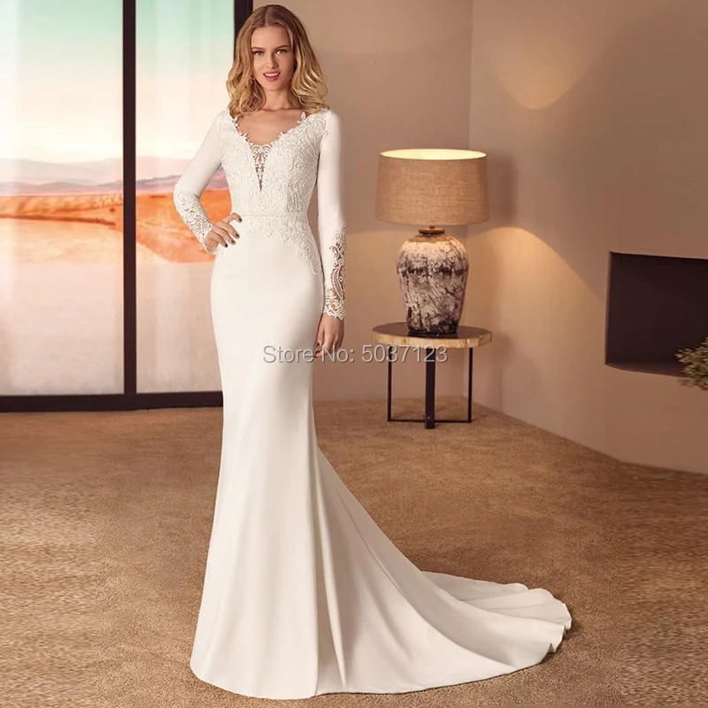 Vestidos De Noiva Satin Long Sleeves Mermaid Wedding Dresses Deep V Neck Lace Appliques Backless Bridal Gown with Court Train
Vestidos De Noiva Satin Long Sleeves Mermaid Wedding Dresses Deep V Neck Lace Appliques Backless Bridal Gown with Court Train