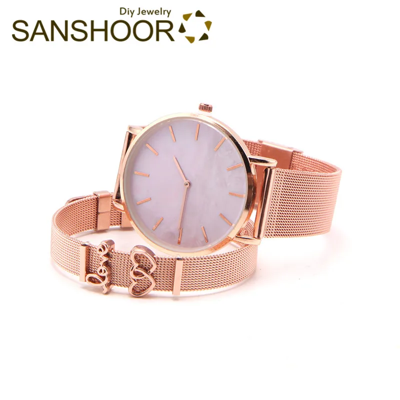 SANSHOOR Stainless Steel Mesh Keeper Bracelet Watch Set With Shell Watch and Love double Heart Silde Charms As Gift For Women
SANSHOOR Stainless Steel Mesh Keeper Bracelet Watch Set With Shell Watch and Love double Heart Silde Charms As Gift For Women