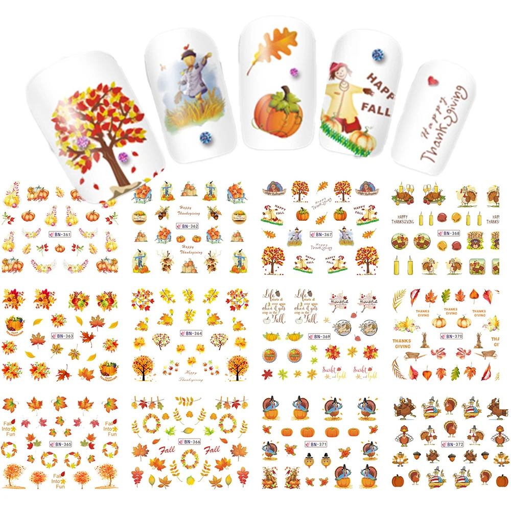 

12 Designs in 1 set Thanks Giving/Yellow Leave Design for Nail Art Decorations Water Transfer Sticker Full Warps LABN361-372