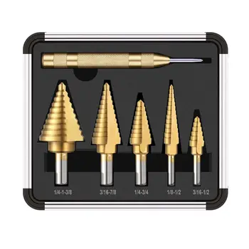 6PCS Titanium Step Drill Bit Set with Automatic Center Punch Speed Steel Drill Bits Set for Sheet Metal with Aluminum Case
6PCS Titanium Step Drill Bit Set with Automatic Center Punch Speed Steel Drill Bits Set for Sheet Metal with Aluminum Case
