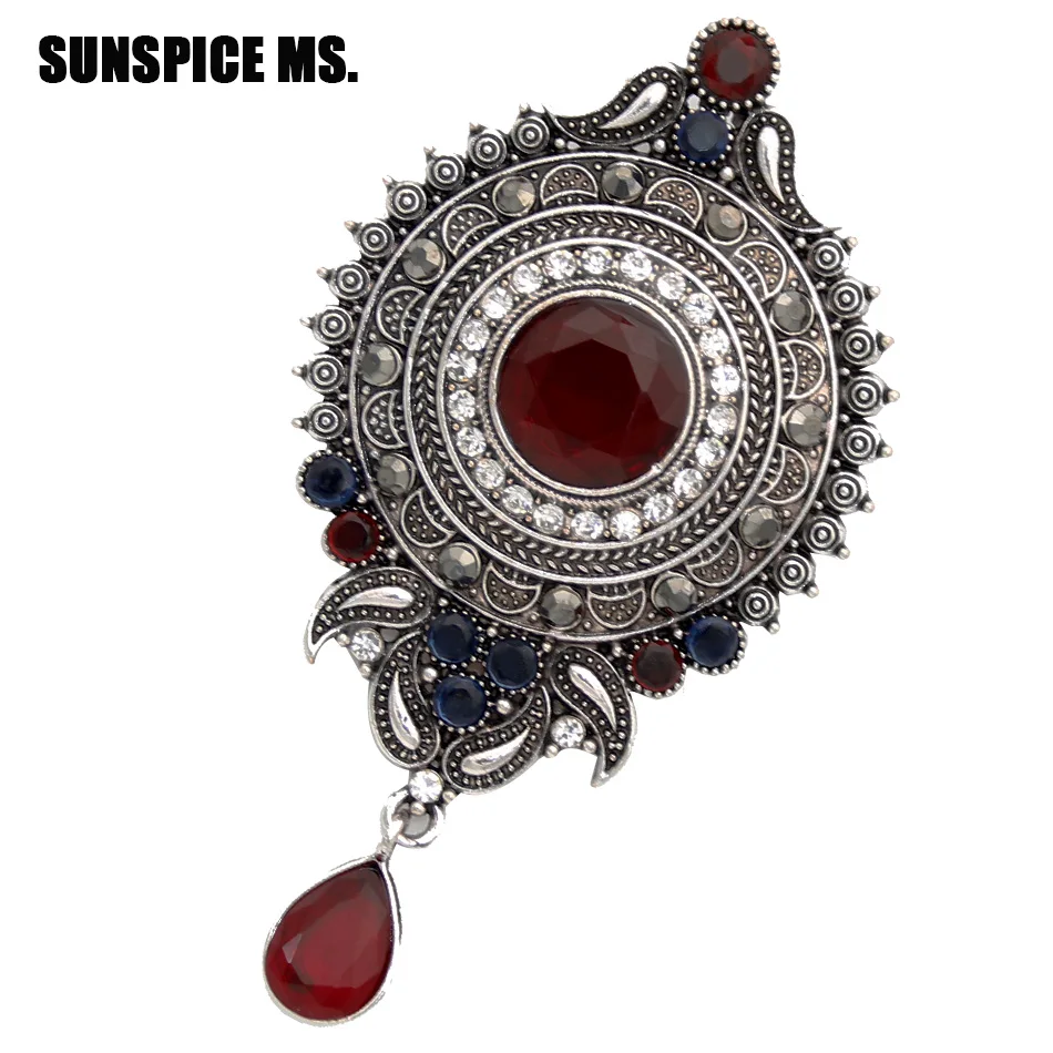 

SUNSPICE MS. Vintage Brooch Pins Antique Silver Color Turkish Women Ethnic Bridal Resin Corsage Round Flower Indian Jewelry Gift