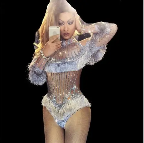 DJ Cut Sparkly Crystals Tassel Leotard Costume Celebrate Rhinestones Outfit Birthday Silver Diamonds Bodysuit Performance Wear |