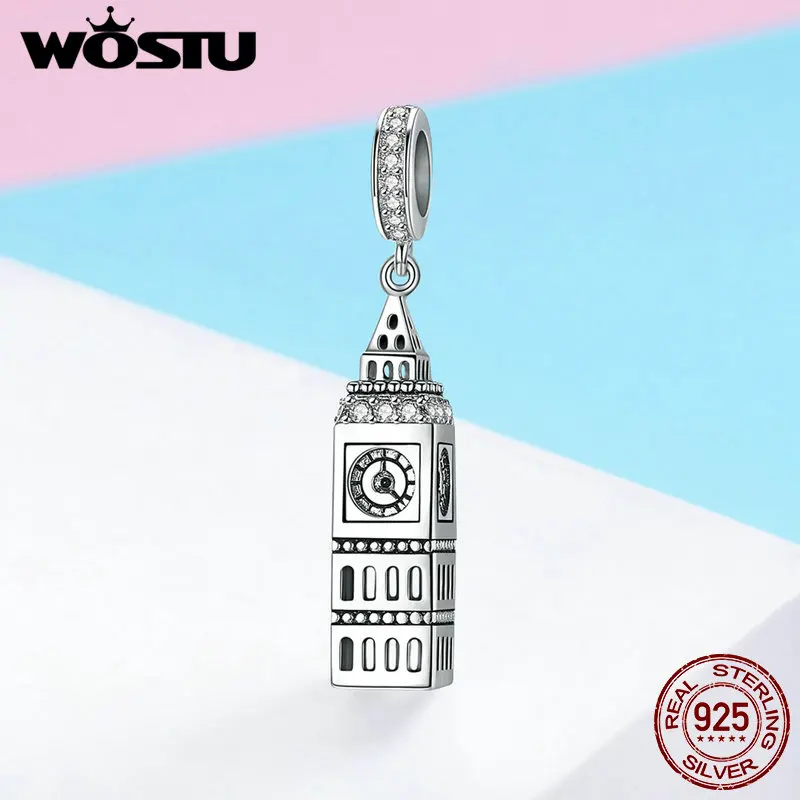 

WOSTU Pure 925 Sterling Silver Big Ben Unique Dangle Charms Beads For Brand Bracelet Necklace Jewelry DIY Making UK Gift FIC868