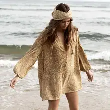 BOHO inspirado túnica vestido leopardo estampado cuello en V manga larga vestidos de verano suelto gitano mini vestido Boho para mujer vestidos(China)