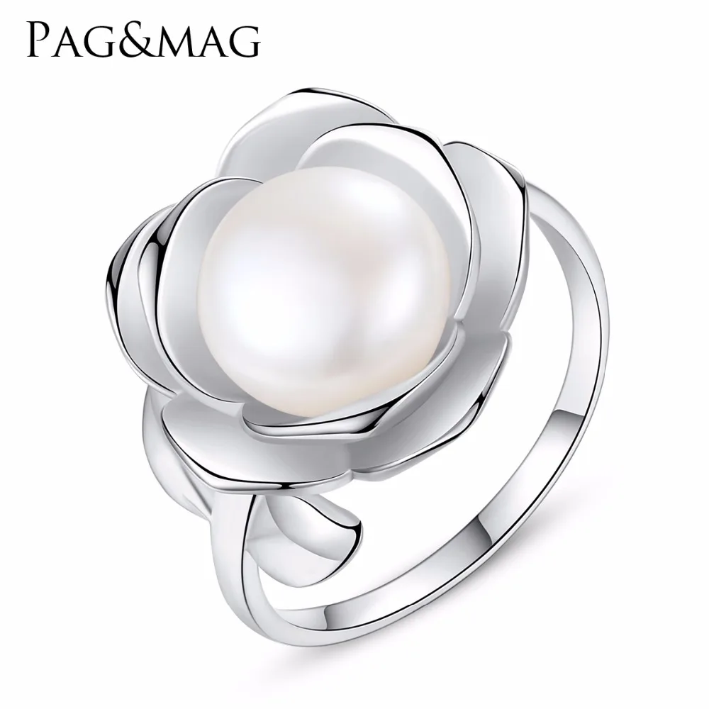 PAG & MAG 100% Кольцо из настоящего пресноводного жемчуга с 925 серебряным регулируемым