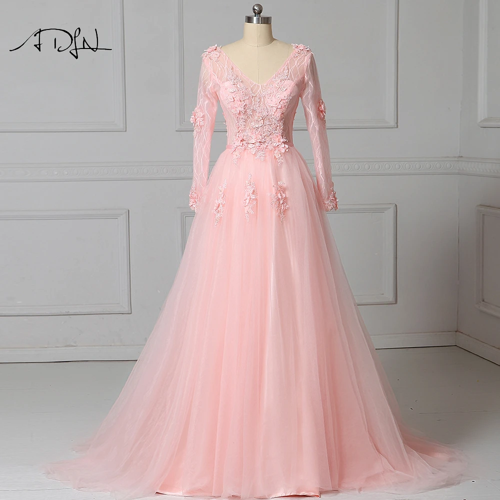 ADLN V-neck Long Sleeves Evening Dresses Elegant A-line Tulle Light Pink Lace Formal Occasion Gown Party Dress Customized | Свадьбы и