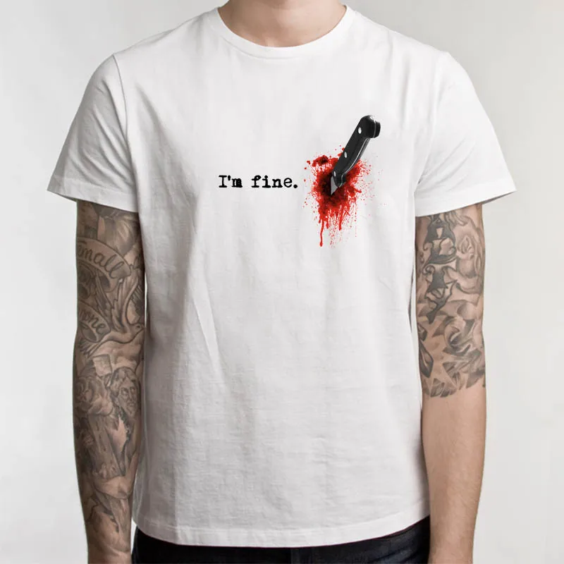 Mens Fashion Summer Cool Bloody Knife Design T Shirt Casual Male Tops I Am Fine Funny Printed Hipster Style Tees
Mens Fashion Summer Cool Bloody Knife Design T Shirt Casual Male Tops I Am Fine Funny Printed Hipster Style Tees