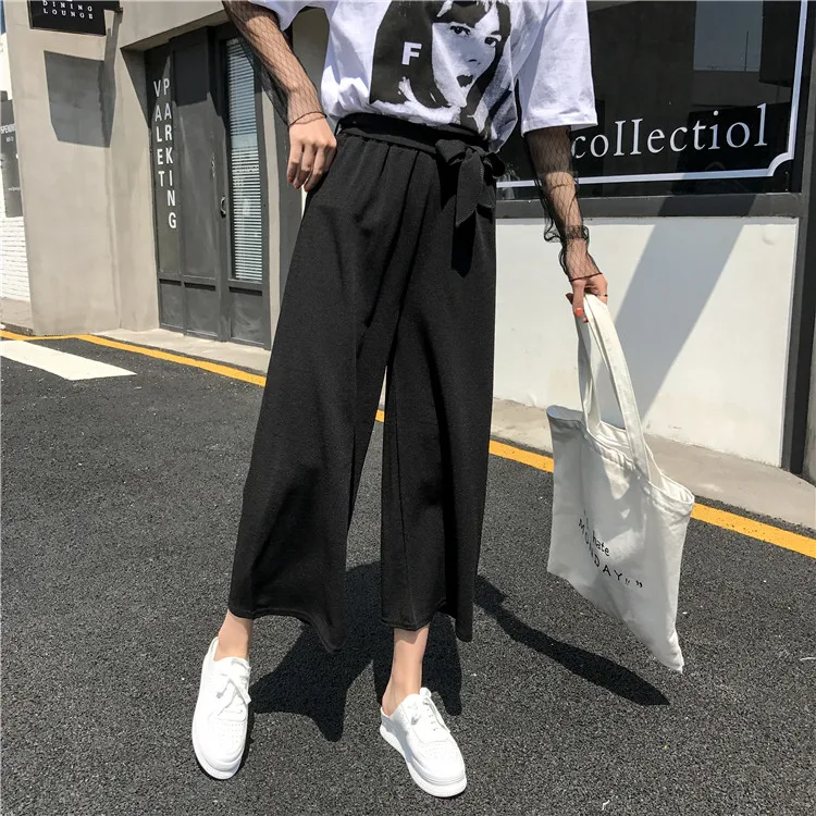 Plus Size - Casual Elastic Waist Loose Wide Leg Pants Preppy Style Trousers Female Palazzo Pants (Us 18W-20W)