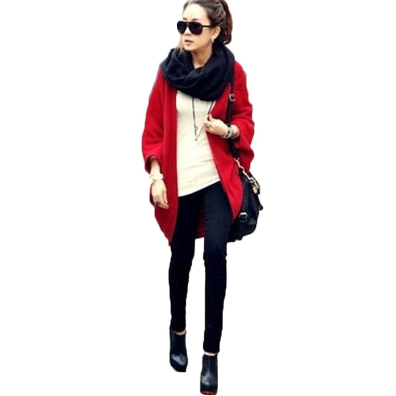 Image New Women Loose Shawl Batwing Sleeves Lady Knit Sweater Coat Woolen Female Cardigans Red Black Free Size