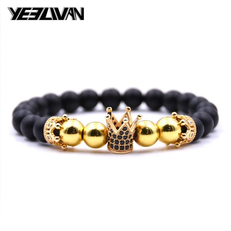 Trendy Rose/Gold/Black Bracelet Lava Stone Pave CZ Imperial Crown And Helmet Charm For Men Or Women Pulseira hombres | Украшения и