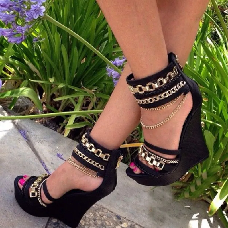 

GOOFLORON shoes. stylish new free mail, black leather, chain decoration, sandals stiletto sand ,wedges sandals, women's shoes