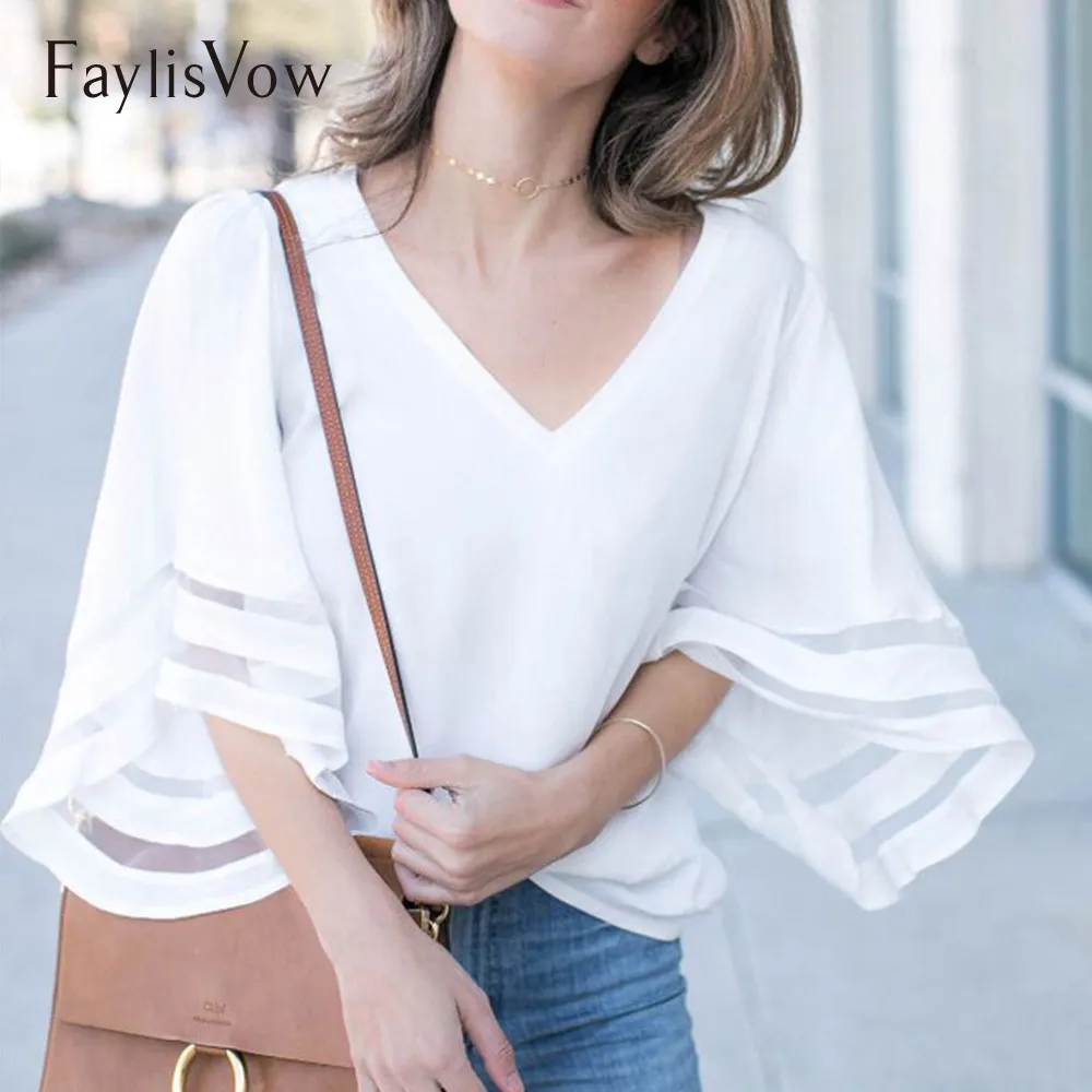 Sexy Loose Women Blouse's V Neck Casual Flare Sleeve Chiffon Solid Shirt Mesh Patchwork Street Women Tops And Blouses Plus Size
Sexy Loose Women Blouse's V Neck Casual Flare Sleeve Chiffon Solid Shirt Mesh Patchwork Street Women Tops And Blouses Plus Size
