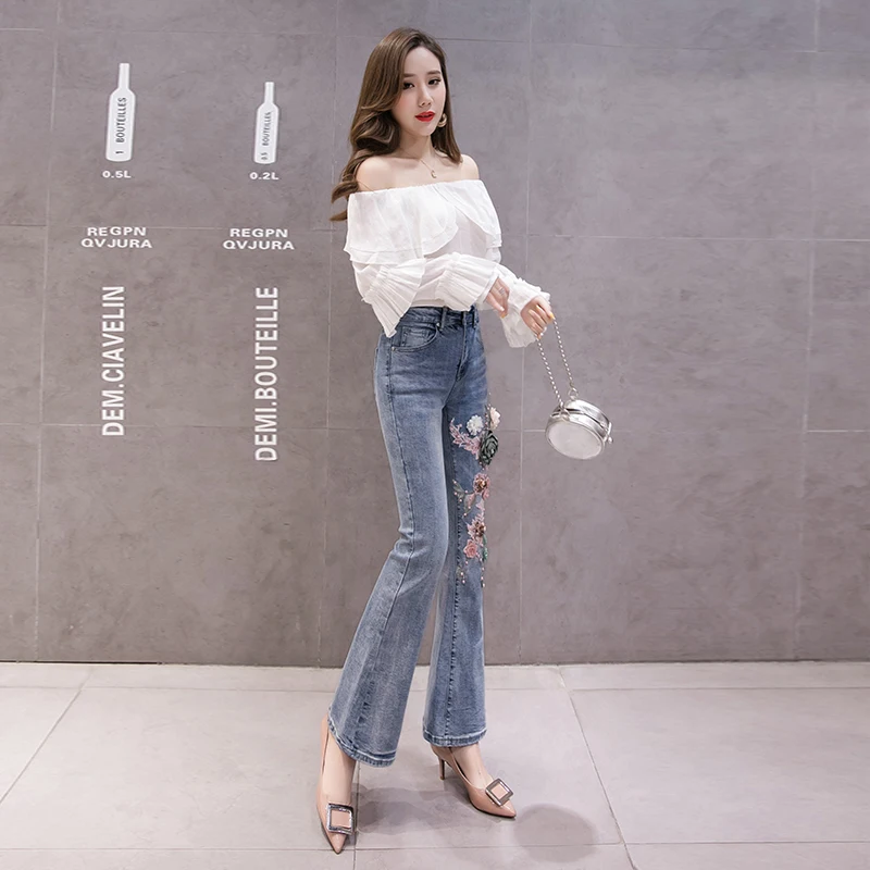 Women's jeans Trousers Fashion High Waist skinny pants Elegant Flower Appliques beading Flare Pants stench bell bottom jeans
Women's jeans Trousers Fashion High Waist skinny pants Elegant Flower Appliques beading Flare Pants stench bell bottom jeans