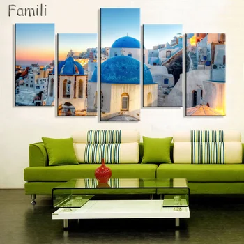 

5 Piece Unframed Wall Hanging Pictures Greece Santorini Island Scenery Landscape Canvas Paintings Prined Home Decal