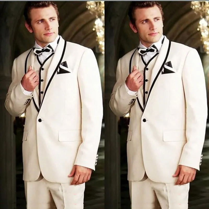 Latest Designs Ivory Men Suits Wedding Suits Black Shawl Lapel Custom Groom Tuxedos Groomsmen Wear 3Piece Slim Fit Costume Homme
Latest Designs Ivory Men Suits Wedding Suits Black Shawl Lapel Custom Groom Tuxedos Groomsmen Wear 3Piece Slim Fit Costume Homme