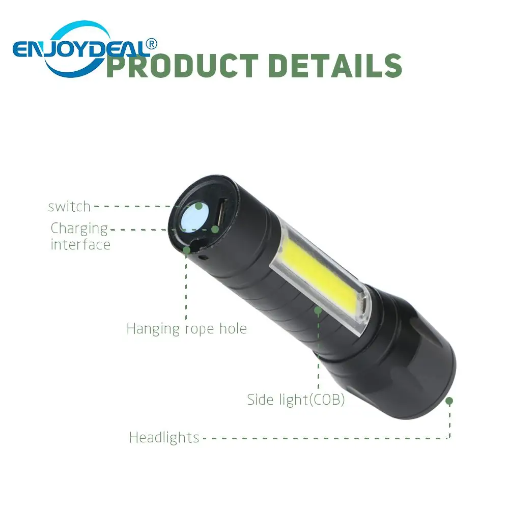 

New USB 2000LM XPE COB LED Flashlight Torch Lamp Zoomable Cob Work Light Penlight Lanterna Rechargeable