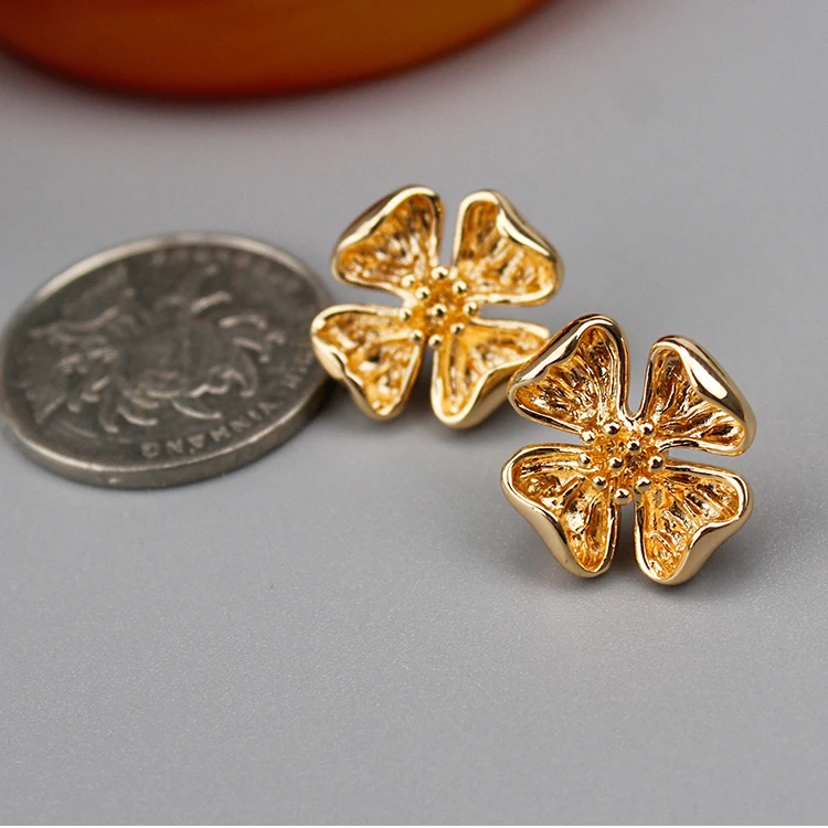 33734 4PCS 14.5*7.5MM 24K Gold Color Brass Zircon Tree Leaf Stud Earrings