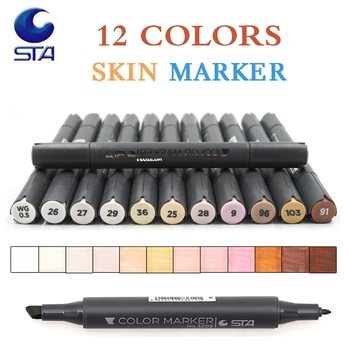 

STA Student Supplies 12 Colors Sketch Skin Tones Marker Pen Artist Double Headed Alcohol Based Manga Art Markers brush pen