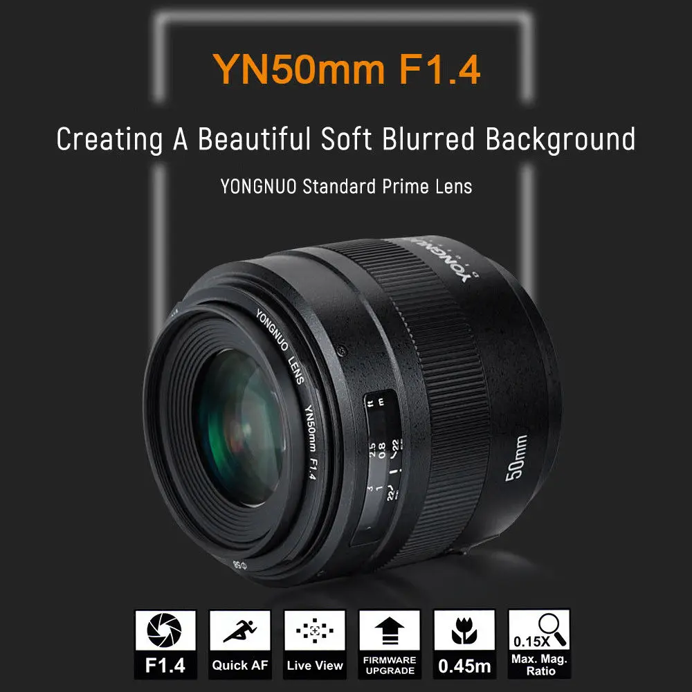 Yongnuo YN50MM F1.4 Standard Prime Lens 7pcs Leaves AF/MF for Canon DSLR Camera
Yongnuo YN50MM F1.4 Standard Prime Lens 7pcs Leaves AF/MF for Canon DSLR Camera