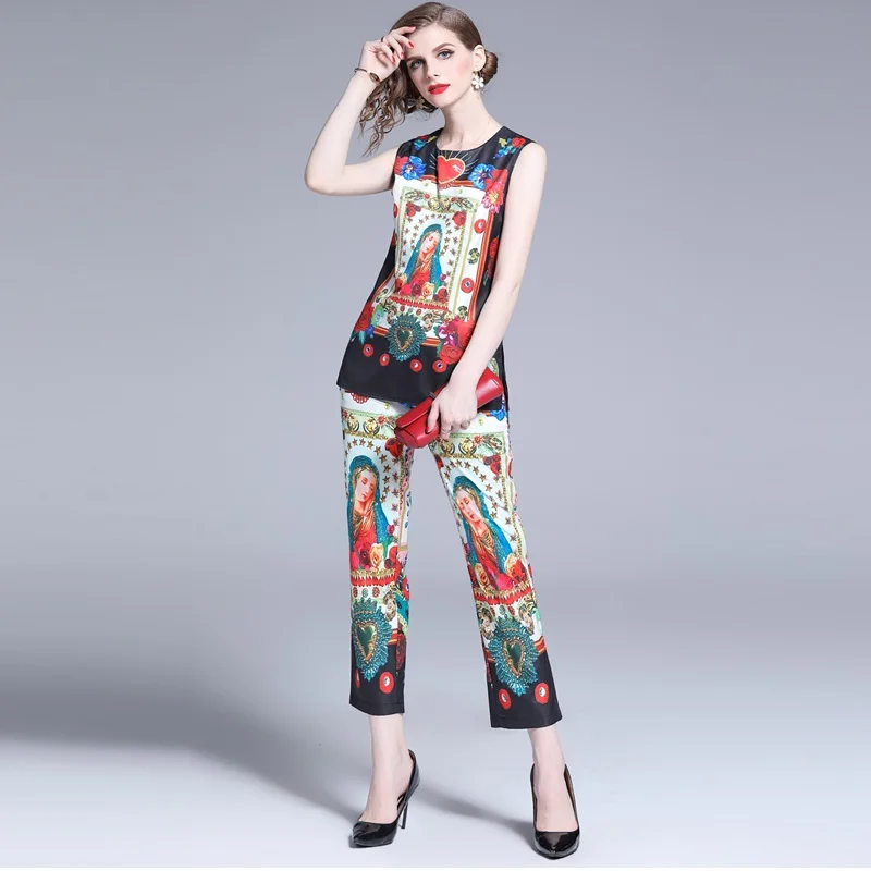 2019 New Summer Runway Fashion Elegant Vintage Pant Sets Casual 2 Piece Set Women Sleeveless Blouse And Ankle Pants Suits
2019 New Summer Runway Fashion Elegant Vintage Pant Sets Casual 2 Piece Set Women Sleeveless Blouse And Ankle Pants Suits