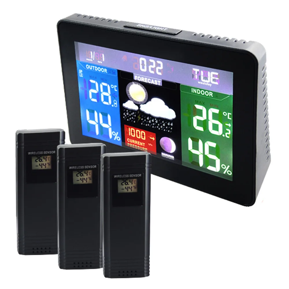 3 Wireless Sensors Weather Station Barometer RH% Temperature Moon Phase 5 weather Forecast Color Display Radio Controlled Clock
3 Wireless Sensors Weather Station Barometer RH% Temperature Moon Phase 5 weather Forecast Color Display Radio Controlled Clock