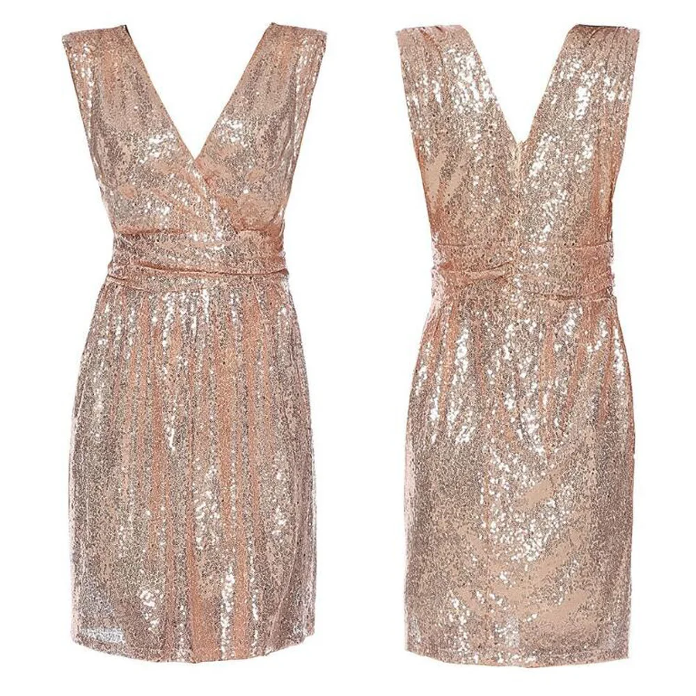 Short Sequin Dresses Rose Gold Deep V Neck Sleeveless Summer Glitter Dress Women Formal Evening Party Dresses Vestido De Festa
Short Sequin Dresses Rose Gold Deep V Neck Sleeveless Summer Glitter Dress Women Formal Evening Party Dresses Vestido De Festa