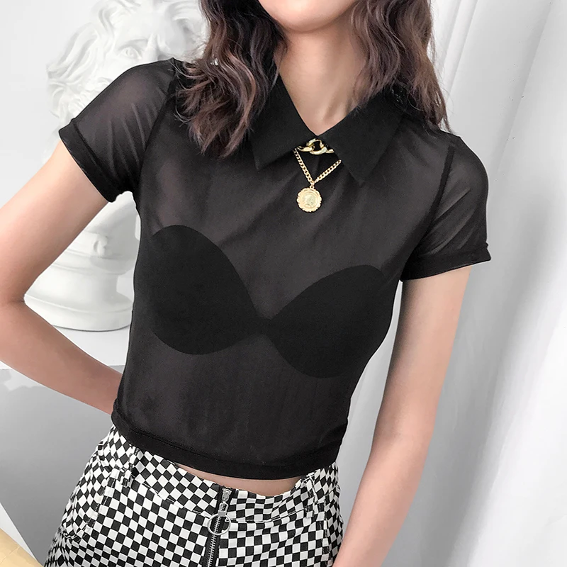 2019 Black Mesh Sexy Crop Top T Shirt Navel Bare Short Sleeve T-shirt Turn-down Collar Transparent See Through Tee Cuteandpsycho
2019 Black Mesh Sexy Crop Top T Shirt Navel Bare Short Sleeve T-shirt Turn-down Collar Transparent See Through Tee Cuteandpsycho