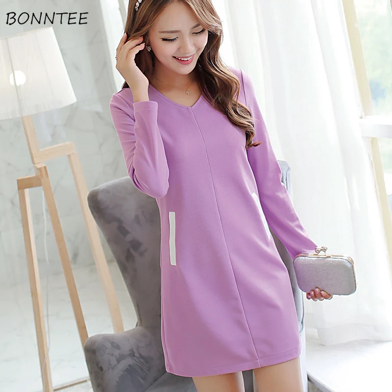 Dress Women Elegant Purple Solid Simple V-neck All-match Ladies Straight Long Sleeve Mini Dresses Leisure Womens Korean Style
Dress Women Elegant Purple Solid Simple V-neck All-match Ladies Straight Long Sleeve Mini Dresses Leisure Womens Korean Style