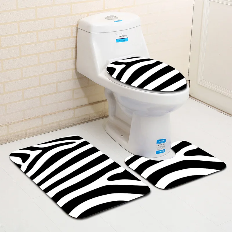Cow Pattern And Zebra Striae Bathroom Toilet Mats Set Water