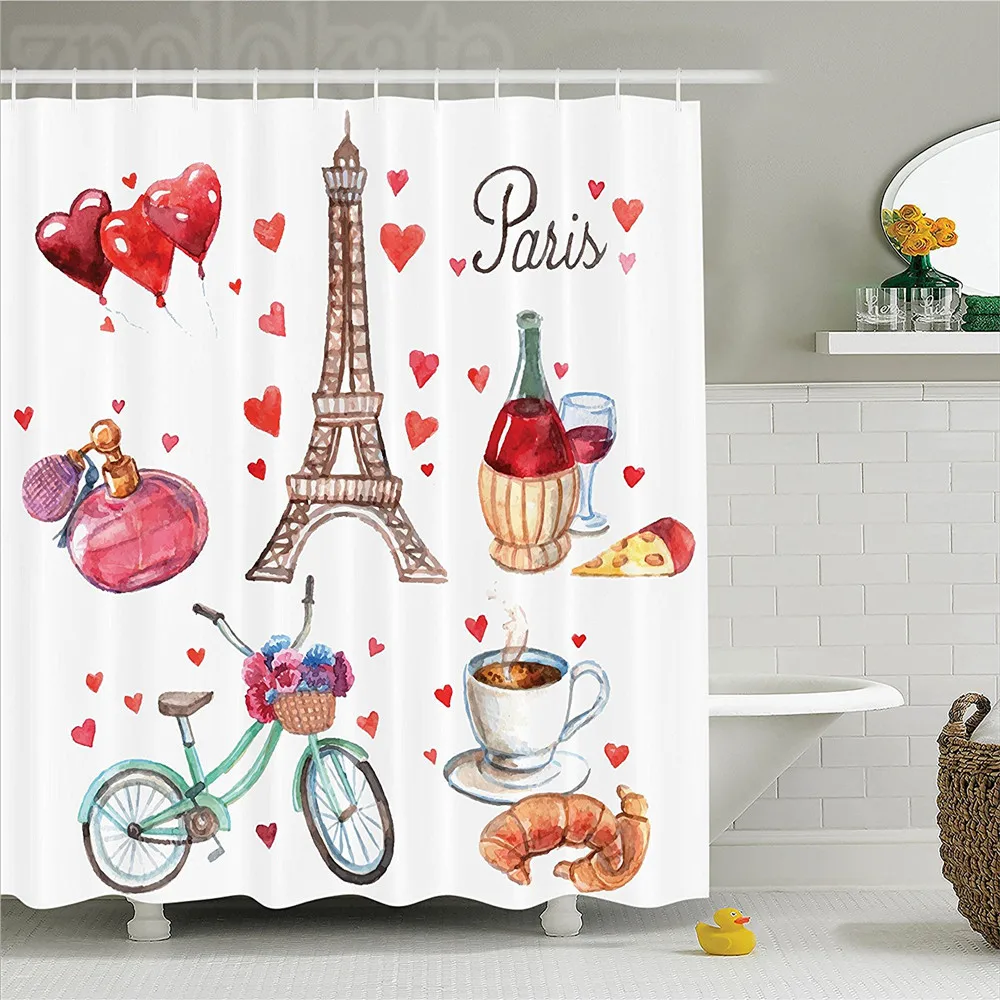 Paris Paris Illustration of Hearts Eiffel Tower Red Wine Coffee Perfume Romance Themed Art Polyester Bathroom Shower Curtain
Paris Paris Illustration of Hearts Eiffel Tower Red Wine Coffee Perfume Romance Themed Art Polyester Bathroom Shower Curtain