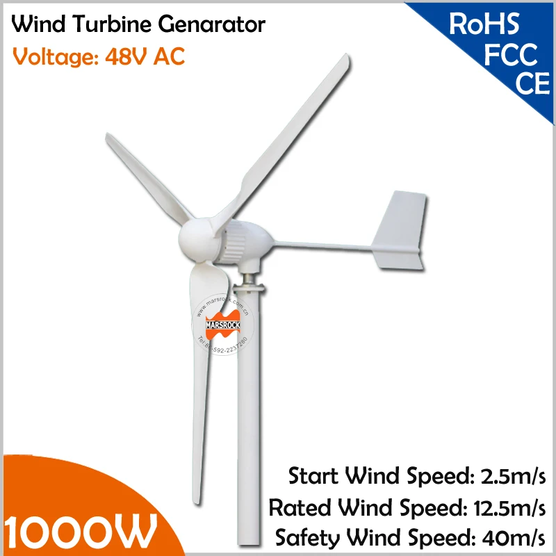 Max. 1100W 2.5m/s start wind speed 2.4m wheel diameter three phase 3 blades 1000W 48V wind turbine generator
Max. 1100W 2.5m/s start wind speed 2.4m wheel diameter three phase 3 blades 1000W 48V wind turbine generator