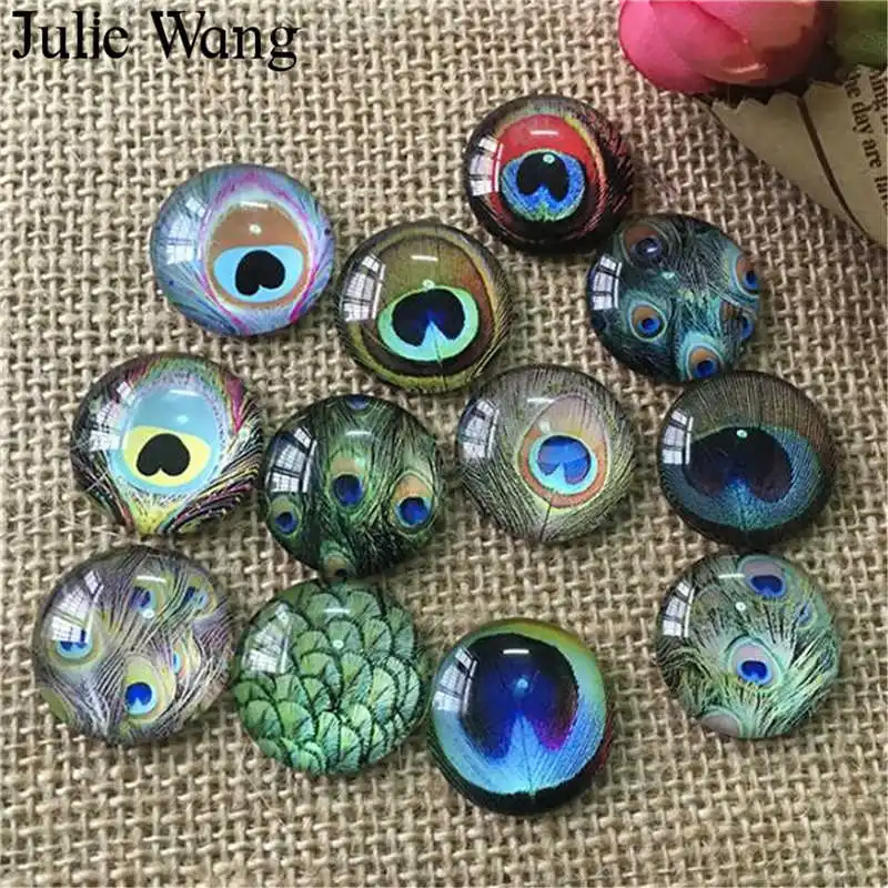 Julie Wang 50PCS 8-15mm Peacock Feather Mixed Cabochons Glass Flatback Necklace Bracelet Jewelry Making Accessory | Украшения и