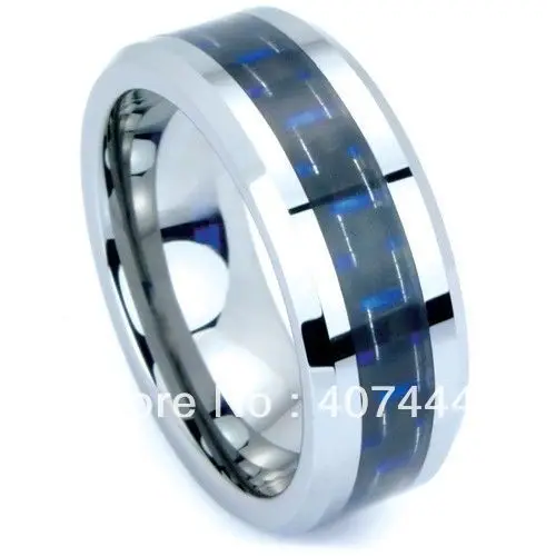 

Free Shipping Cheap Price USA Canada UK Russia Brazil Hot Sales 8MM Beveled Black&Blue Fiber Tungsten Wedding Ring Size 6-13