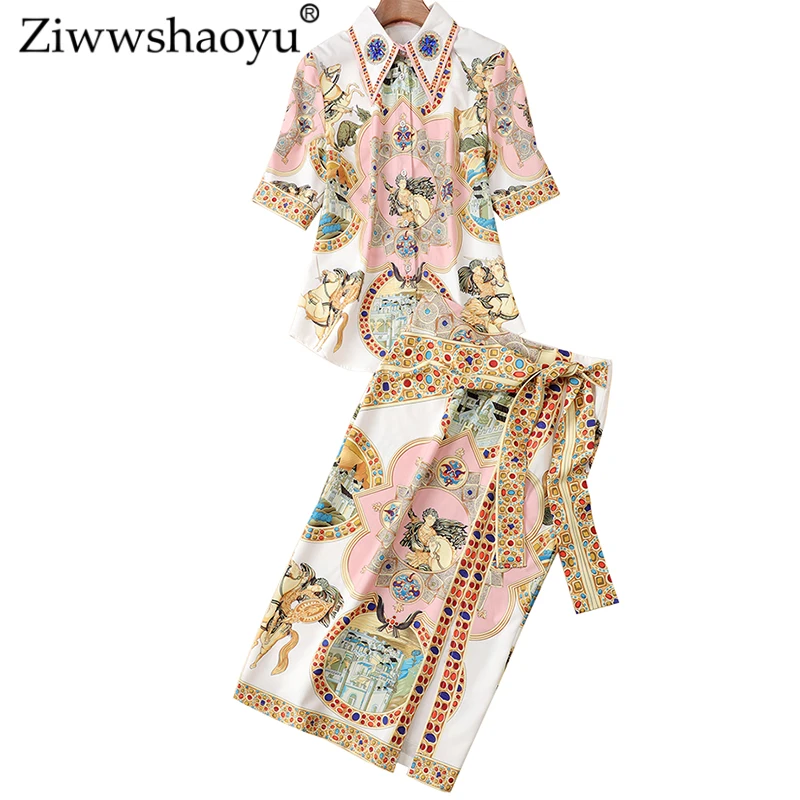 Ziwwshaoyu Totem Print Sets Turn-down Collar Beading Top + Open High waist skirt Two-piece set New women's
Ziwwshaoyu Totem Print Sets Turn-down Collar Beading Top + Open High waist skirt Two-piece set New women's
