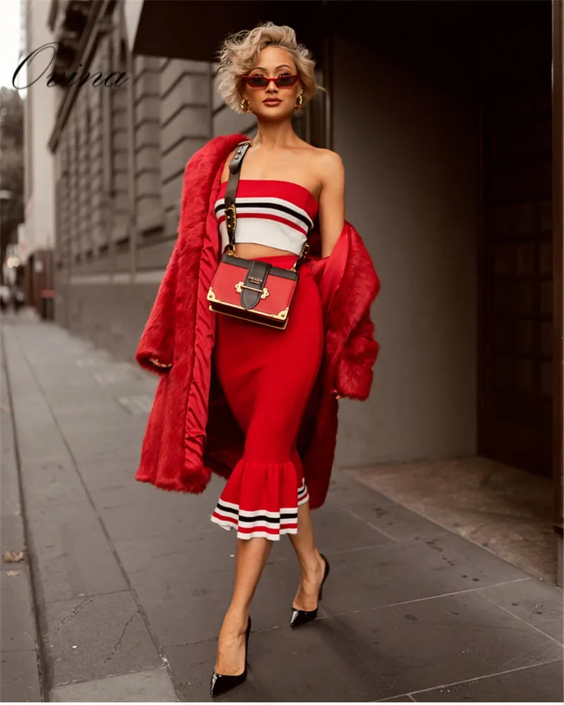 New Arrival Red Sexy Strapless Sleeveless Top Fishtail Mid Calf 2 Pieces Rayon Bandage Women Sets
New Arrival Red Sexy Strapless Sleeveless Top Fishtail Mid Calf 2 Pieces Rayon Bandage Women Sets