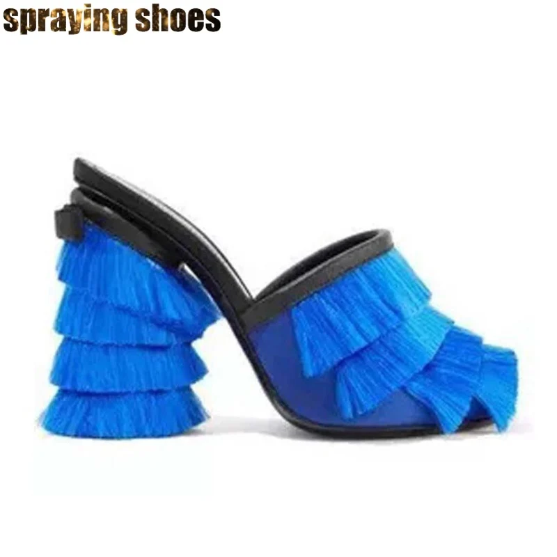 Trendy Tassel Chunky High Heel Women Sandals Summer Slippers Blue/Pink Satin Square Pumps Peep Toe Ladies Party Dress Shoes New
Trendy Tassel Chunky High Heel Women Sandals Summer Slippers Blue/Pink Satin Square Pumps Peep Toe Ladies Party Dress Shoes New