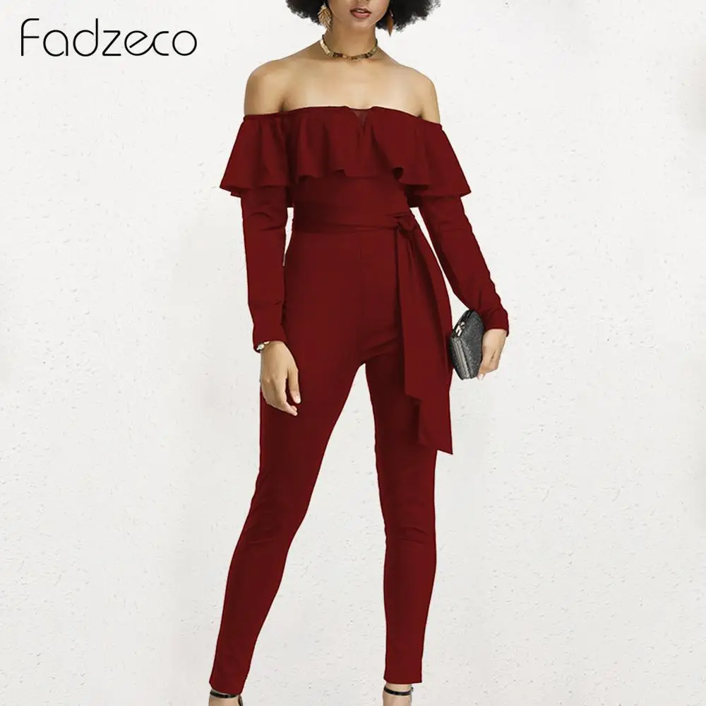 

Fadzeco African Clothes for Women Long Sleeve Off Shoulder Ruffle Hem Long Pants Jumpsuits Romper Party Tribal Elastic Playsuits