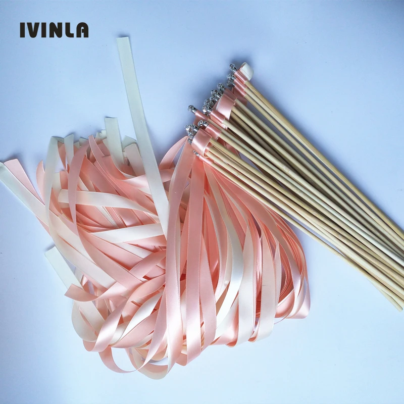 

New 50pcs/lot champagne wedding ribbon wands ribbon Twirling Streamers wedding ribbon stick with sliver bell